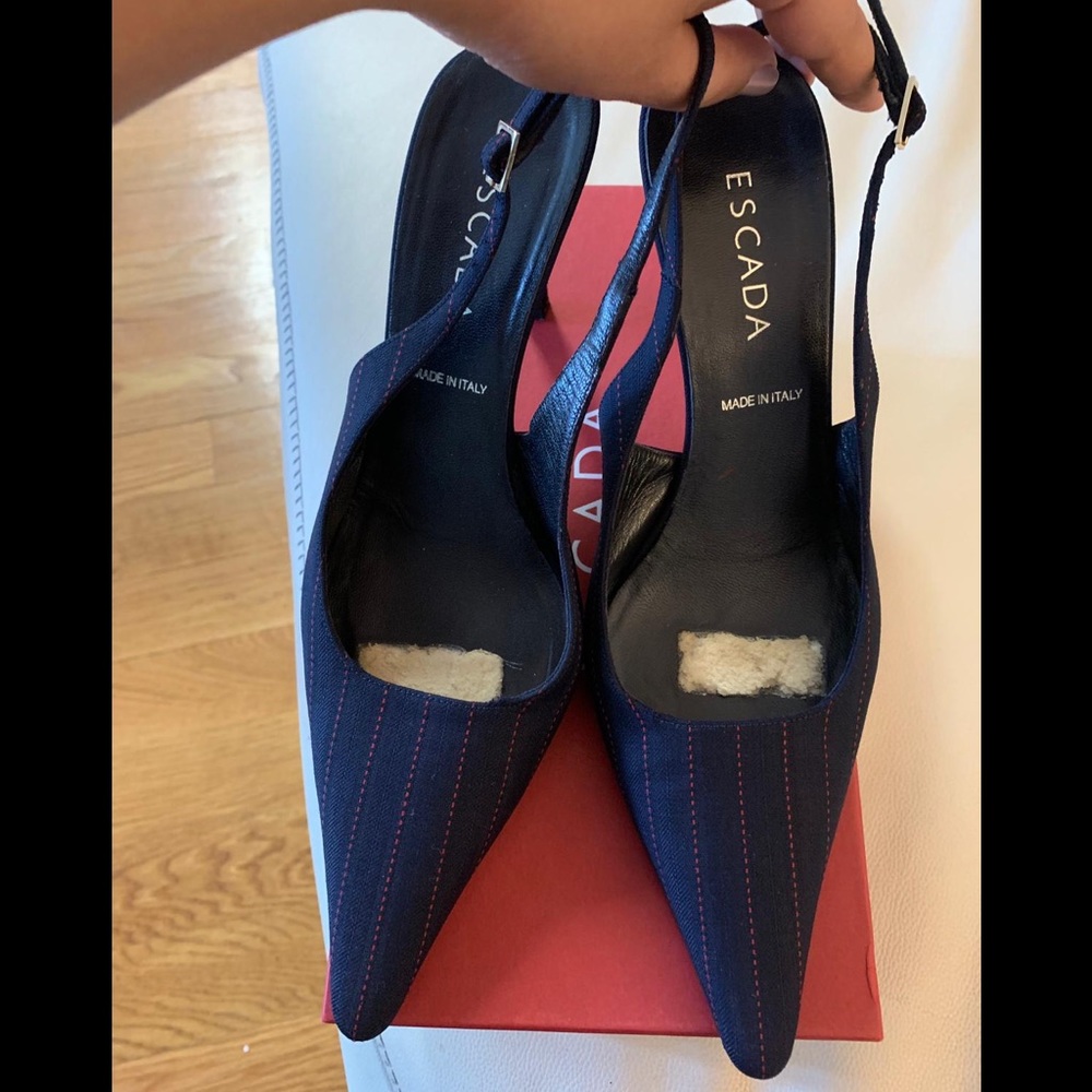 Navy Blue & Red pinstripe slingback fabric heels!